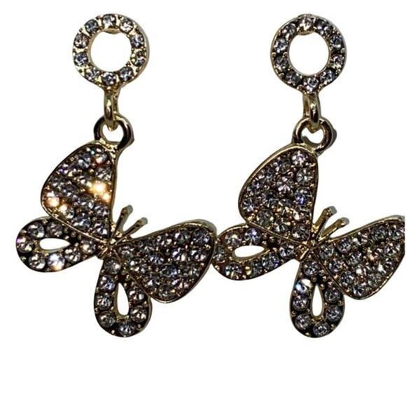 NWT Gold-Tone Clear Rhinestone Dangle Butterfly Earrings - Picture 2 of 7